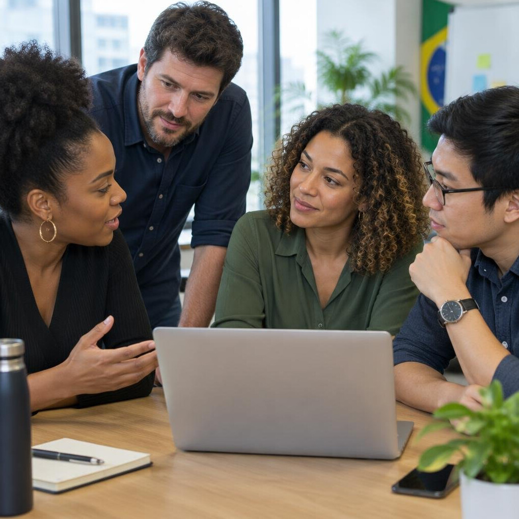 Team collaborating around a laptop