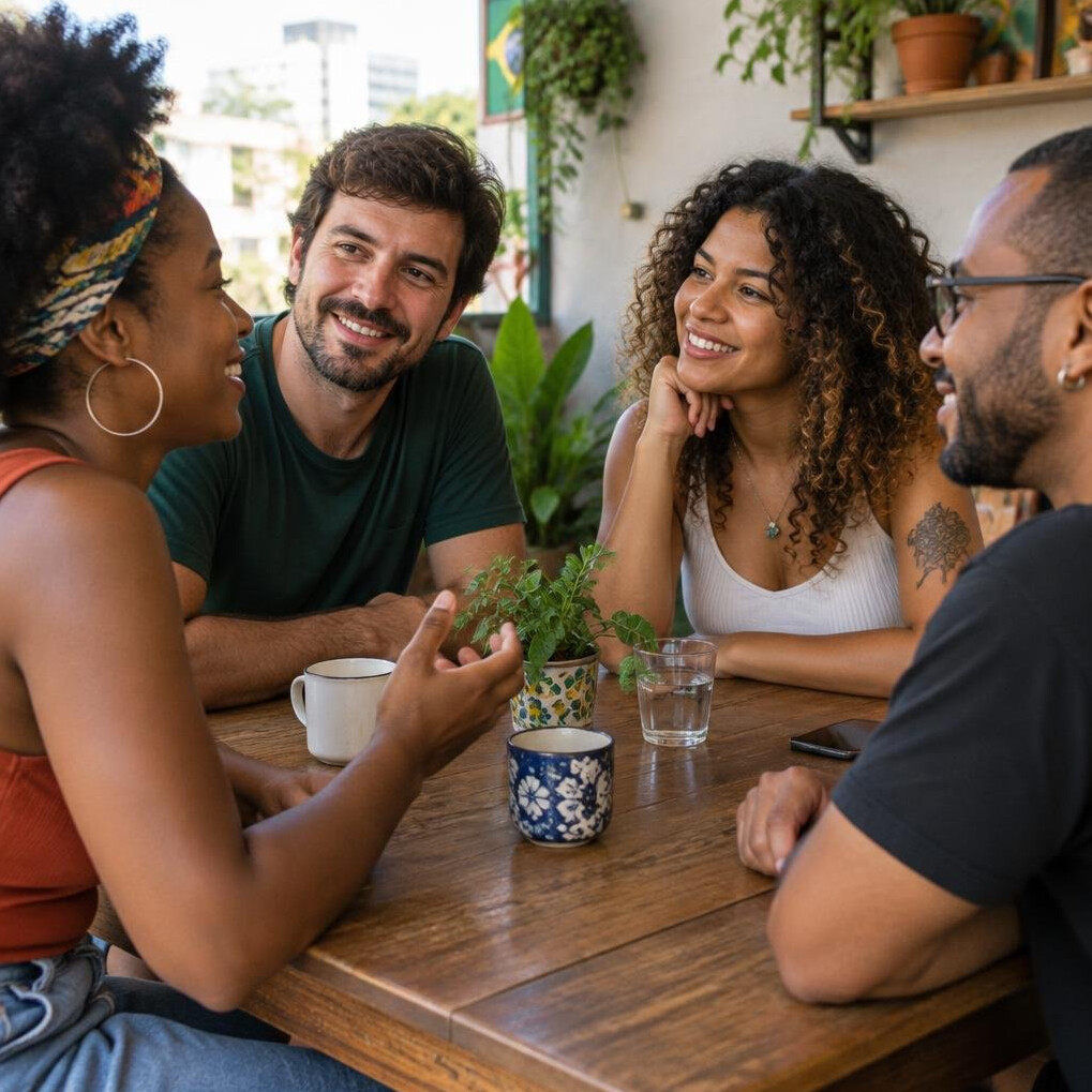 Group of friends talking around a table